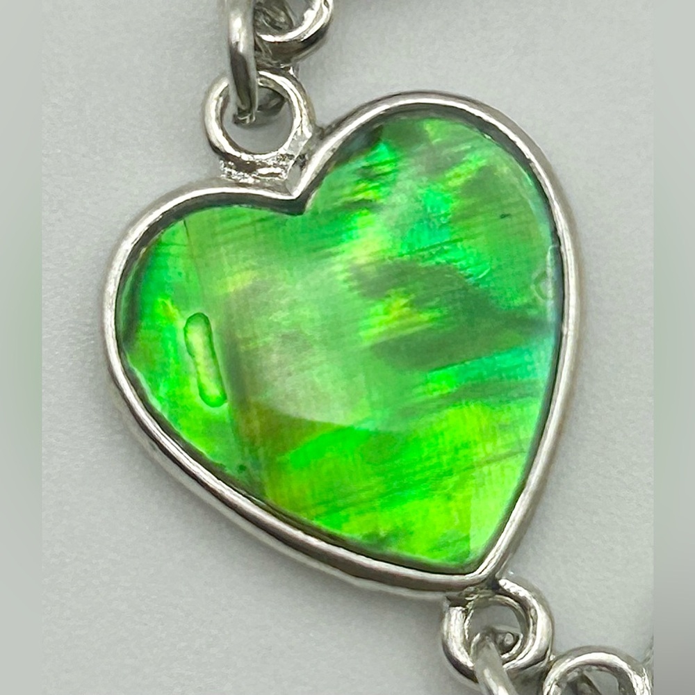 Multicolor Heart Link Silver Tone Bracelet with Abalone Inlay - Picture 5 of 13